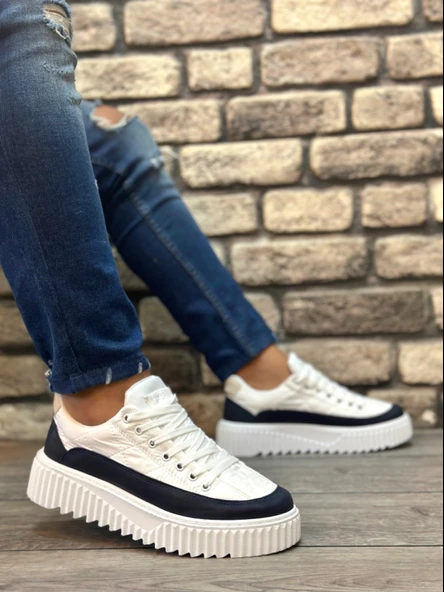 Pabucmarketi Bağcıklı Paraşüt Kumaş Erkek Spor Ayakkabı BEYAZ LACİVERT (BEYAZ TABAN) - Resim 3