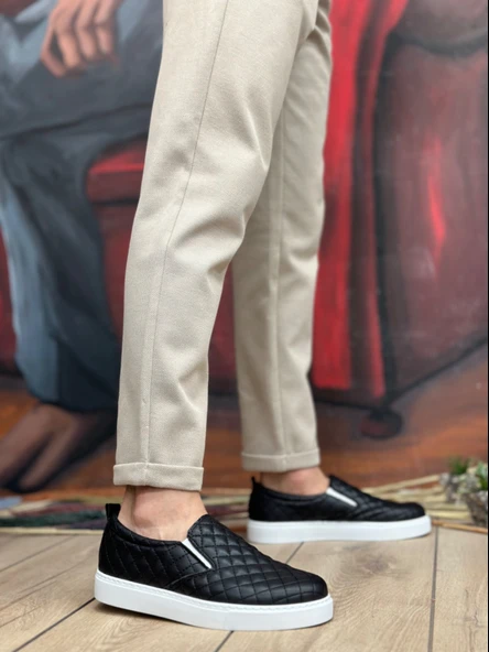 Pabucmarketi Bağcıksız Kapitone Erkek Günlük Ayakkabı SİYAH (BEYAZ TABAN) - Resim 2