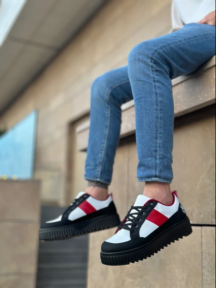 Pabucmarketi Bağcıklı Erkek Ayakkabı BEYAZ SİYAH KIRMIZI (SİYAH TABAN) - Resim 4