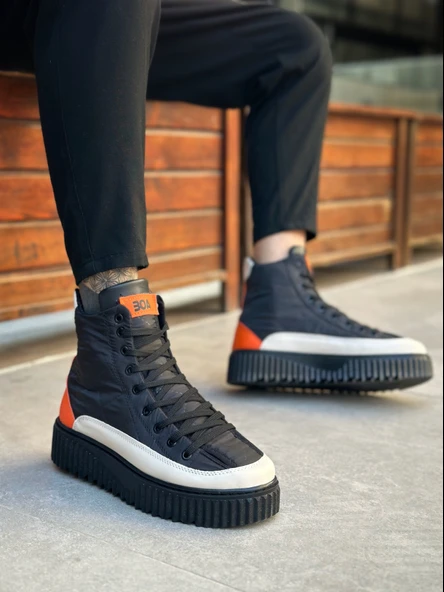 Pabucmarketi Bağcıklı Paraşüt Kumaş Turuncu Detaylı Erkek Spor Bot SİYAH (SİYAH TABAN) - Resim 3