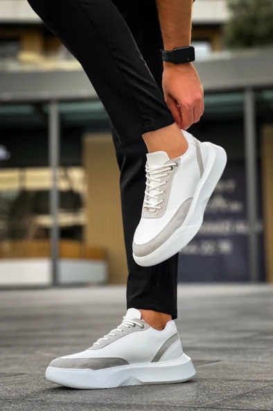 Pabucmarketi Bağcıklı Erkek Spor Ayakkabı BEYAZ GRİ (BEYAZ TABAN) - Resim 5