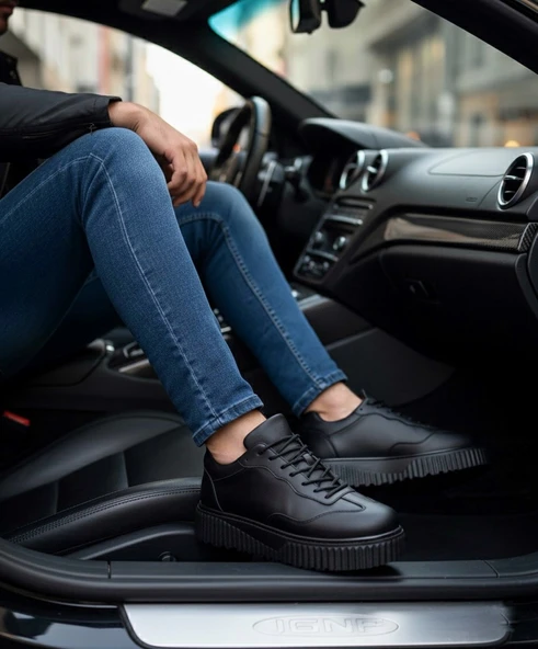 Pabucmarketi Bağcıklı Erkek Günlük Ayakkabı SİYAH (SİYAH TABAN) - Resim 4