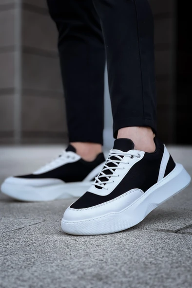 Pabucmarketi Bağcıklı Erkek Spor Ayakkabı SİYAH BEYAZ (BEYAZ TABAN) - 4