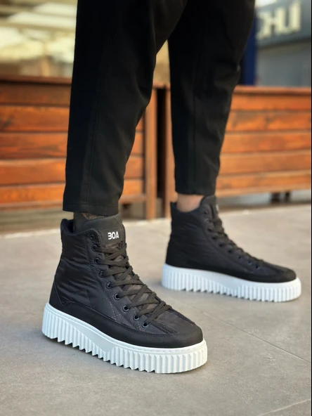 Pabucmarketi Bağcıklı Paraşüt Kumaş Siyah Detaylı Erkek Spor Bot SİYAH (BEYAZ TABAN) - Resim 5