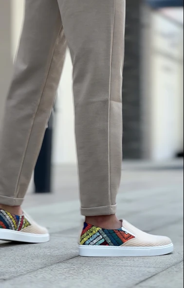 Pabucmarketi Bağcıksız Keten Erkek Günlük Ayakkabı KREM DESENLİ (BEYAZ TABAN) - Resim 3