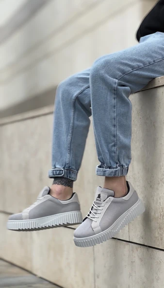 Pabucmarketi Bağcıklı Triko Erkek Ayakkabı GRİ (GRİ TABAN) - Resim 5