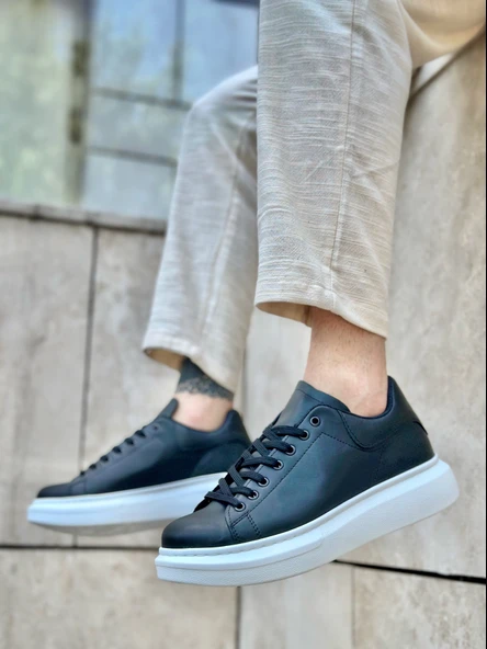 Pabucmarketi Bağcıklı Erkek Spor Ayakkabı SİYAH (BEYAZ TABAN) - Resim 3