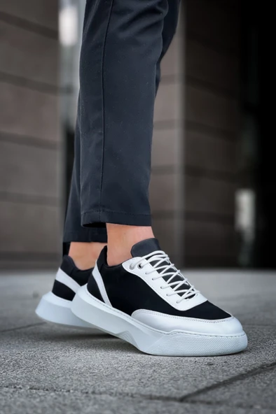 Pabucmarketi Bağcıklı Erkek Spor Ayakkabı SİYAH BEYAZ (BEYAZ TABAN) - 5