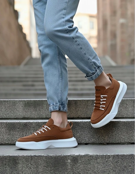 Pabucmarketi Bağcıklı Erkek Spor Ayakkabı TABA SÜET (BEYAZ TABAN) - 2