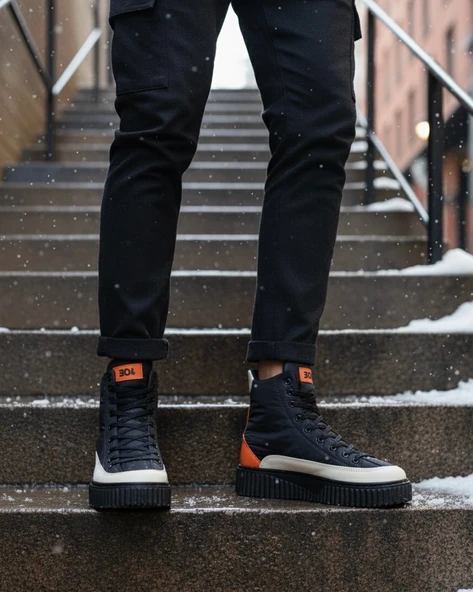 Pabucmarketi Bağcıklı Paraşüt Kumaş Turuncu Detaylı Erkek Spor Bot SİYAH (SİYAH TABAN) - Resim 7