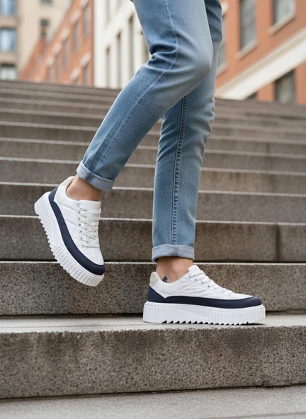 Pabucmarketi Bağcıklı Paraşüt Kumaş Erkek Spor Ayakkabı BEYAZ LACİVERT (BEYAZ TABAN) - Resim 4