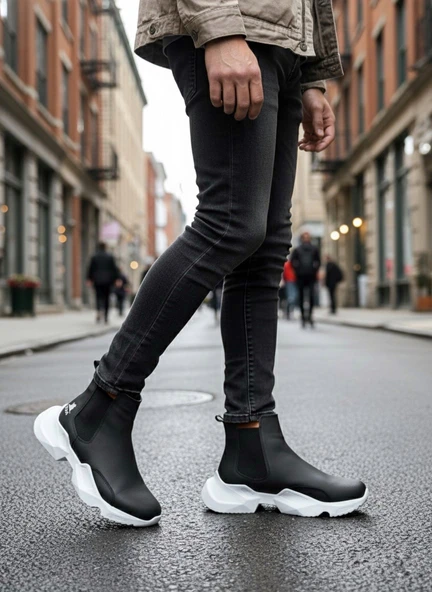 Pabucmarketi Lastikli Erkek Spor Bot SİYAH (BEYAZ TABAN) ürün görseli