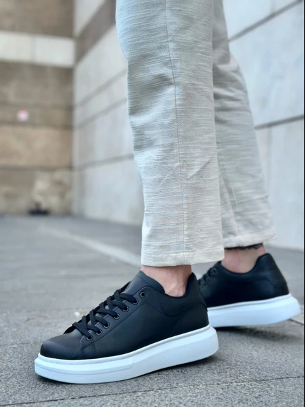 Pabucmarketi Bağcıklı Erkek Spor Ayakkabı SİYAH (BEYAZ TABAN) - Resim 2