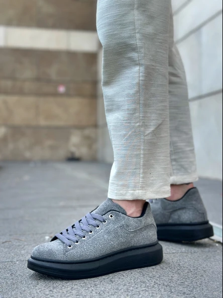 Pabucmarketi Bağcıklı Erkek Spor Ayakkabı GRİ SÜET (SİYAH TABAN) - Resim 2