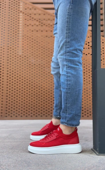 Pabucmarketi Bağcık Detaylı Triko Erkek Spor Ayakkabı KIRMIZI (BEYAZ TABAN) - 4