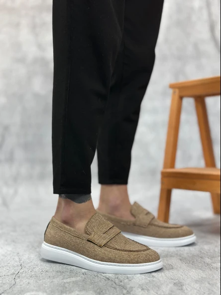 Pabucmarketi Bağcıksız Keten Erkek Ayakkabı HARDAL - 2