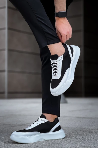 Pabucmarketi Bağcıklı Erkek Spor Ayakkabı SİYAH BEYAZ (BEYAZ TABAN) - 6