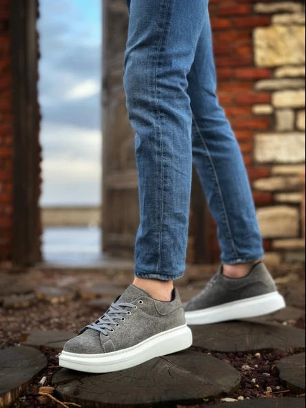 Pabucmarketi Bağcıklı Erkek Spor Ayakkabı GRİ SÜET (BEYAZ TABAN) - Resim 2