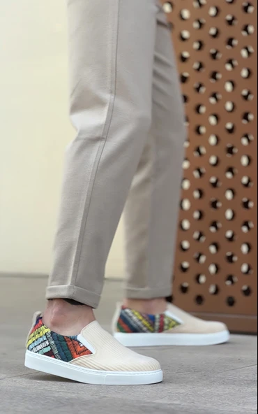 Pabucmarketi Bağcıksız Keten Erkek Günlük Ayakkabı KREM DESENLİ (BEYAZ TABAN) - Resim 2