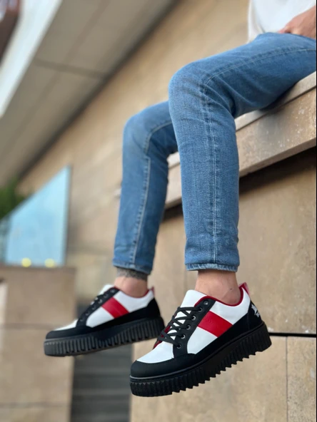 Pabucmarketi Bağcıklı Erkek Ayakkabı BEYAZ SİYAH KIRMIZI (SİYAH TABAN) - Resim 3