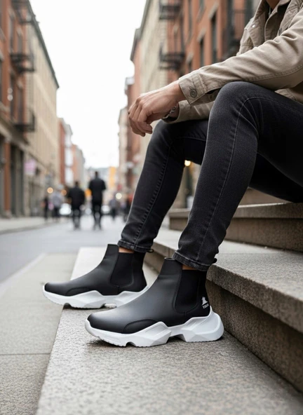 Pabucmarketi Lastikli Erkek Spor Bot SİYAH (BEYAZ TABAN) - Resim 2