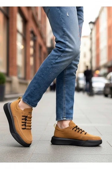 Pabucmarketi Bağcıklı Erkek Spor Ayakkabı TABA SÜET (SİYAH TABAN)