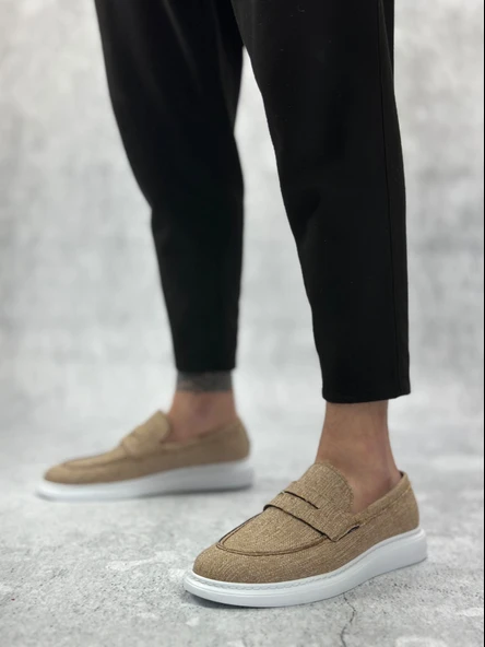 Pabucmarketi Bağcıksız Keten Erkek Ayakkabı HARDAL - 3