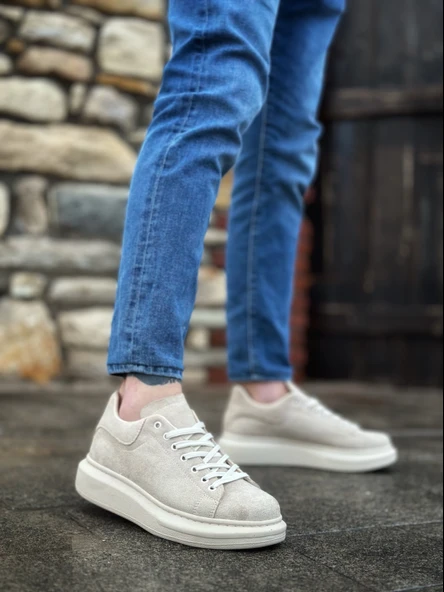 Pabucmarketi Bağcıklı Erkek Spor Ayakkabı KREM SÜET (KREM TABAN) - Resim 3