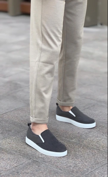 Pabucmarketi Bağcıksız Kadife Erkek Günlük Ayakkabı GRİ (BEYAZ TABAN) - 2