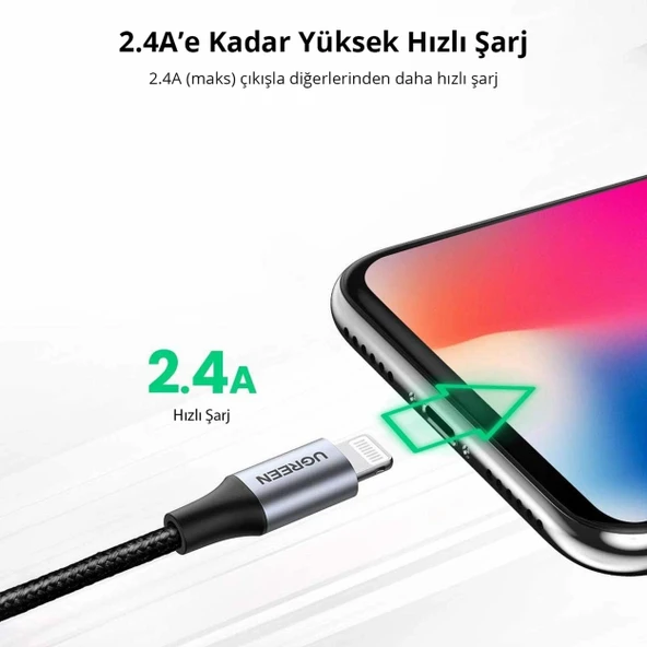 Ugreen 60163 USB-A to Lightning 12W 2M Örgülü Hızlı Şarj Kablosu - 3