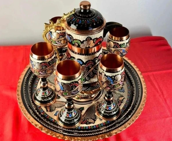 6lı bakır kadeh meşrubat bardağı ve tepsi,sürahi