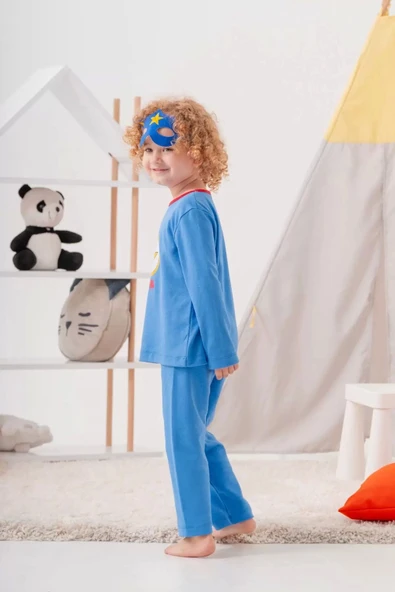 4-7 Yaş Heros Çanta Ve Maskeli Erkek Çocuk Pijama Takımı Koyu Mavi - 3