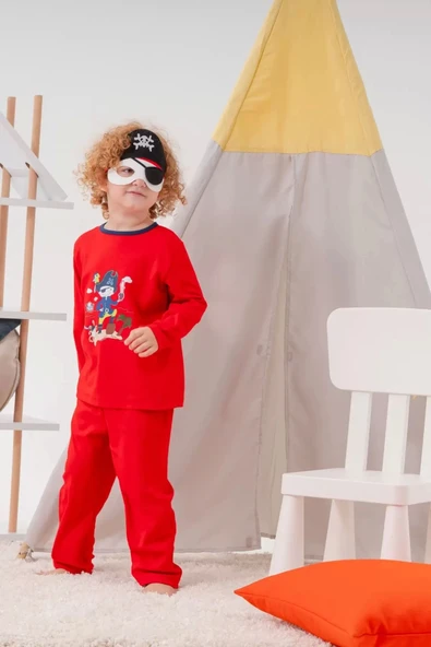 4-7 Yaş Korsan Çanta Ve Maskeli Erkek Çocuk Pijama Takımı Kırmızı - 2