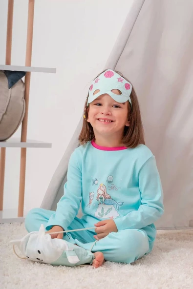 4-7 Yaş Deniz Kızı Çanta Ve Maskeli Kız Çocuk Pijama Takımı Yeşil - 5
