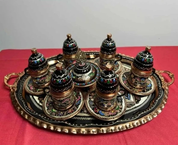 6lı bakır fincan takımı ve lokumluk,yuvarlak tepsi