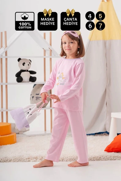 4-7 Yaş  Unicorn Çanta Ve Maskeli Kız Çocuk Pijama Takımı Pembe - 8