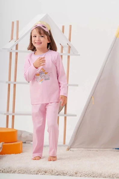 4-7 Yaş  Unicorn Çanta Ve Maskeli Kız Çocuk Pijama Takımı Pembe - 4