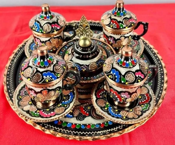 4lü bakır fincan takımı ve lokumluk,yuvarlak tepsili