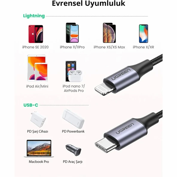 Ugreen 60761 USB-C to Lightning PD 36W 2M Örgülü Hızlı Şarj Kablosu - 6