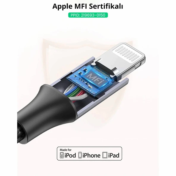 Ugreen 60761 USB-C to Lightning PD 36W 2M Örgülü Hızlı Şarj Kablosu - 7