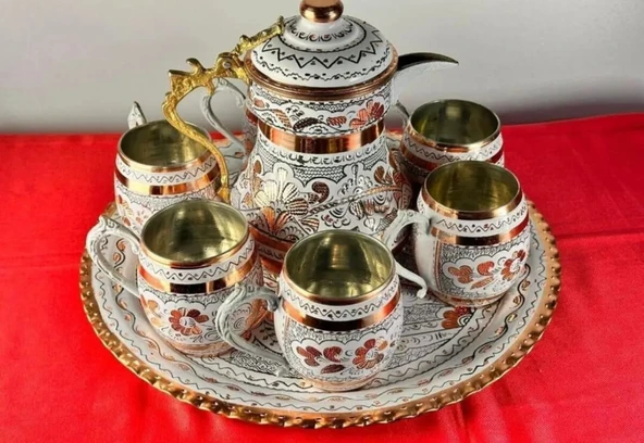 yuvarlak tepsili bakır ayran ve içecek seti 6kişilik