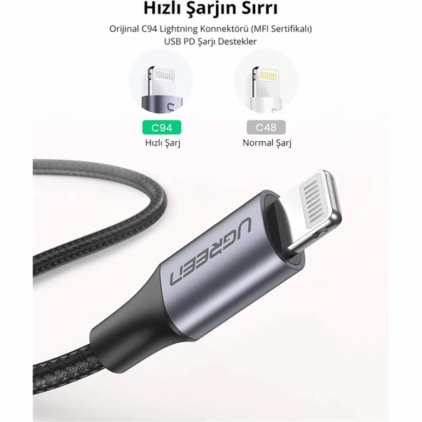 Ugreen 60761 USB-C to Lightning PD 36W 2M Örgülü Hızlı Şarj Kablosu - 3