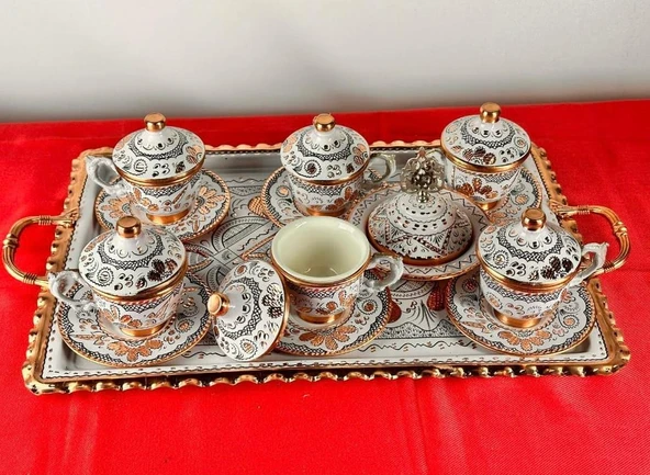 6lı bakır yuvarlak fincan takımı ve lokumluk,kare tepsi