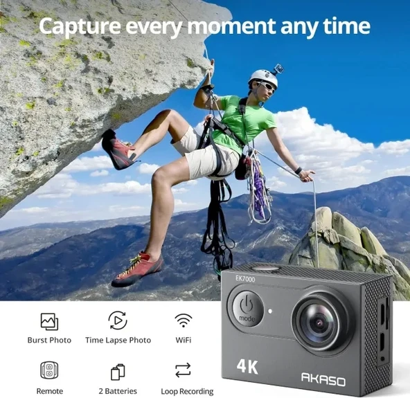 AKASO EK7000 4K30FPS 20MP 98FT Su Geçirmez Aksiyon Kamerası + Kingston 64GB microSD 64GB microSD Card içerir