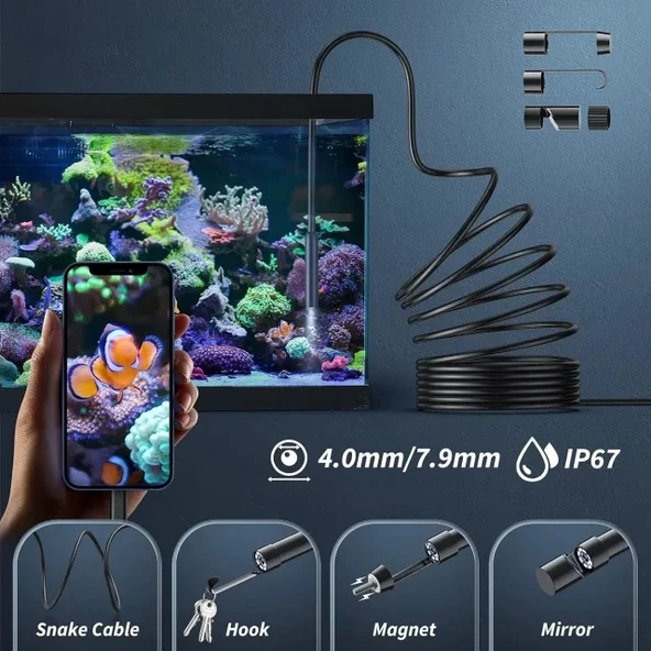 Kinpthy Işıklı Endoskop Kamera LED Işıklı 1920P HD Borescope 3 Interface 16.4ft