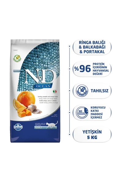 N&D Kedi Maması Balkabaklı Ocean Balık Portakallı Kedi Maması 5 Kg ürün görseli 1
