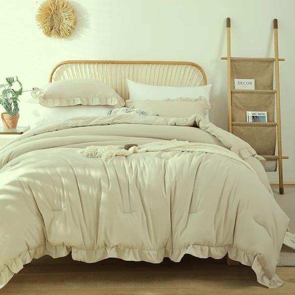 Maki Home %100 Pamuklu Fırfırlı Bej 200x220+2*(50x70) Çift Kişilik Nevresim ve Yastık Kılıfı Seti - 3