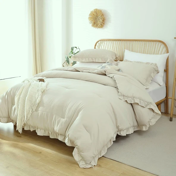 Maki Home %100 Pamuklu Fırfırlı Bej 200x220+2*(50x70) Çift Kişilik Nevresim ve Yastık Kılıfı Seti - 2