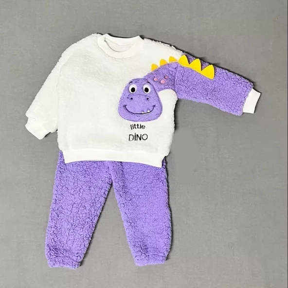 1-2-3 Yaş Minik Dino Kollu Kuzu Kumaş Sweat Pantolon Uzun Kollu Kız Erkek 2 Li Takımı
