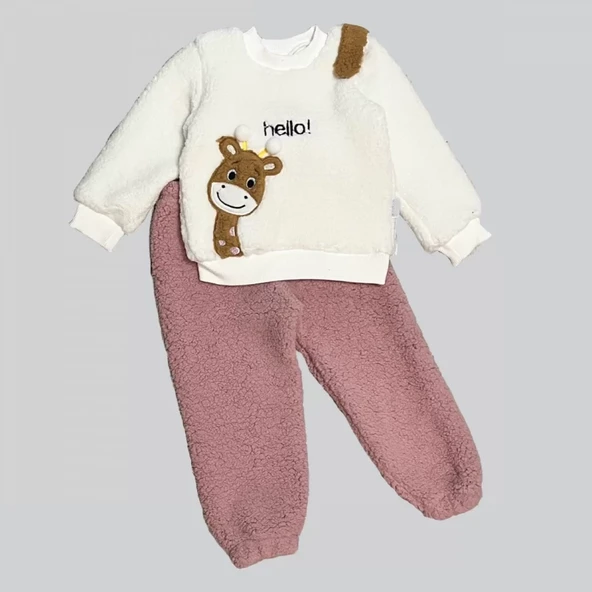 1-2-3 Yaş Hello Zürafa Nakışlı Kuzu Kumaş Sweat Pantolon Uzun Kollu Kız Erkek 2 Li Takımı